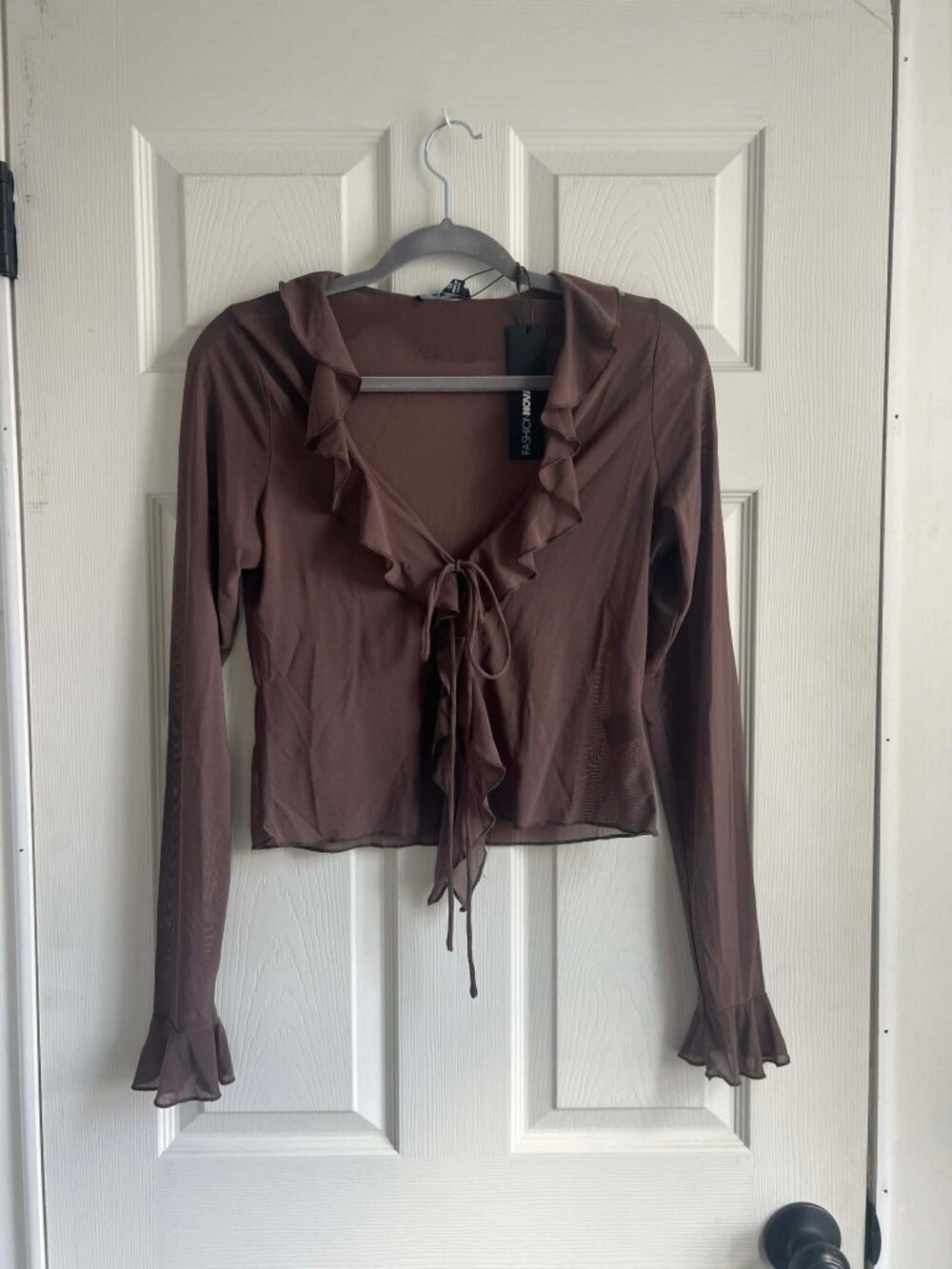 Fashion Nova Mesh Tie Front Top Chocolate Brown Ruffle Long Sleeve Size 1X NWT